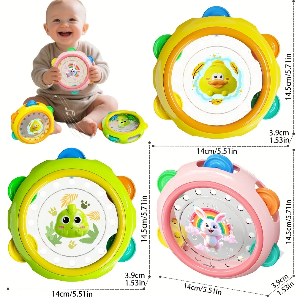 Giocattolo per tamburo a mano per bambini con 3 divertenti disegni di animali: incoraggia le abilità motorie, l'allenamento delle impugnature e il gioco ritmico, ideale per i regali di compleanno