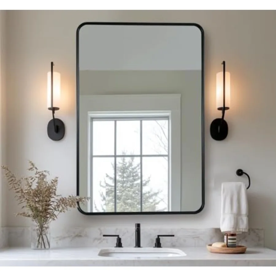 

20''x30'' Rounded Corner Rectangle Bathroom Mirror for Over Sink, Black Metal Frame Wall Mounted Vanity Mirror, Modern Farmhous