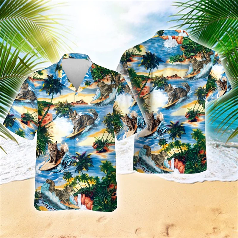 2024 New Summer Surfing Cat Duck Graphic Shirts For Men Clothes Cartoon Animal Cow Dog Short Sleeve Cute Hawaii Beach Shirt Top