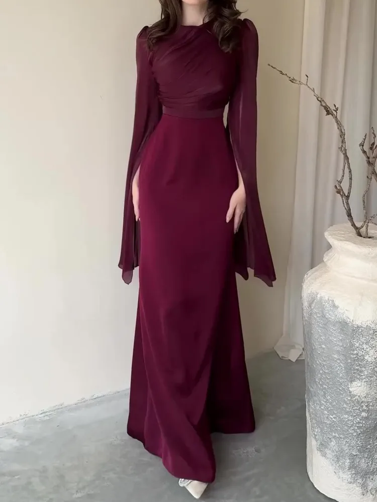 DFDG 2025 الربيع الصيف المرأة مصمم فستان ستان مثير الخفافيش الجناح متوهج كم ماكسي بقماش شفاف إدراج Bodycon فستان الرقبة المستديرة