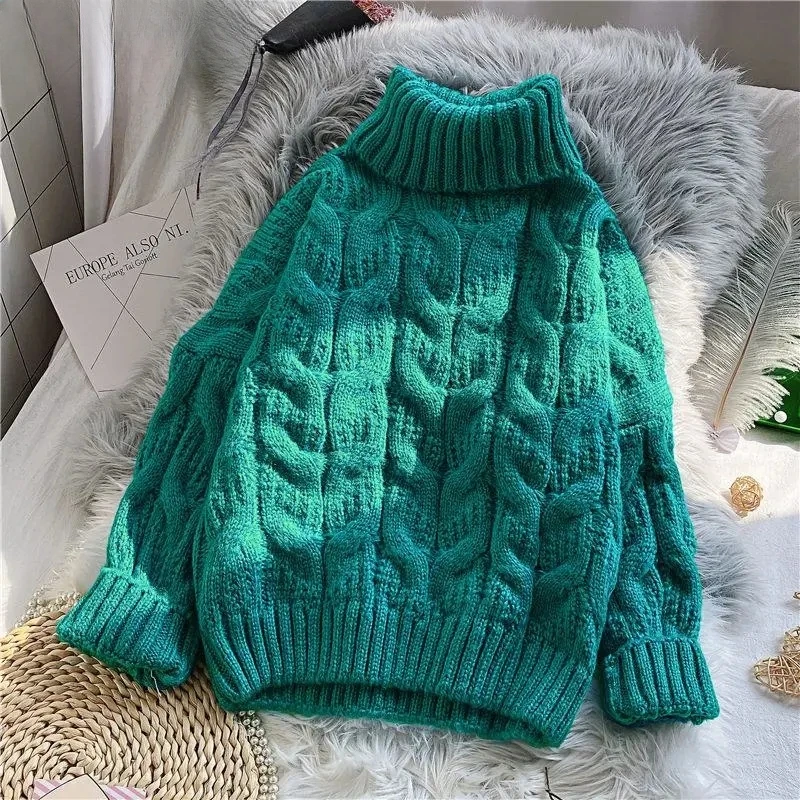 

Turtleneck Sweater Thickened Loose Crochet Stripe Women Short Knit Pullover Warm Commuting Fashion Autumn Winter Pull Long F42