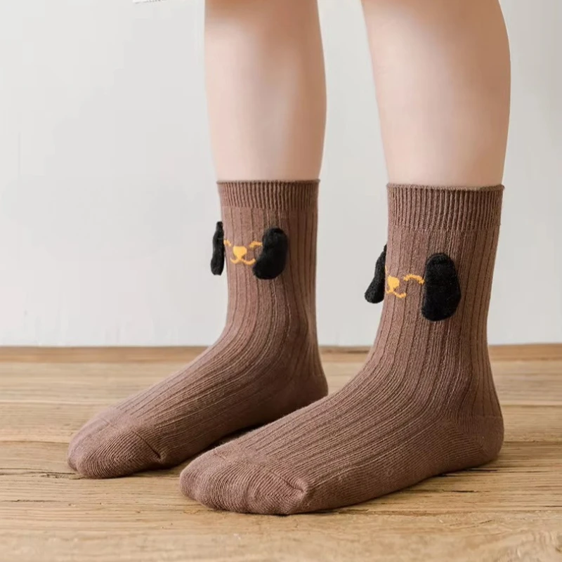 4 Pair 1-12 Years Autumn Children Socks Cute Cartoon Embroider Dog Girls Boys Toddler Knitted Socks Cotton School Sports Socks