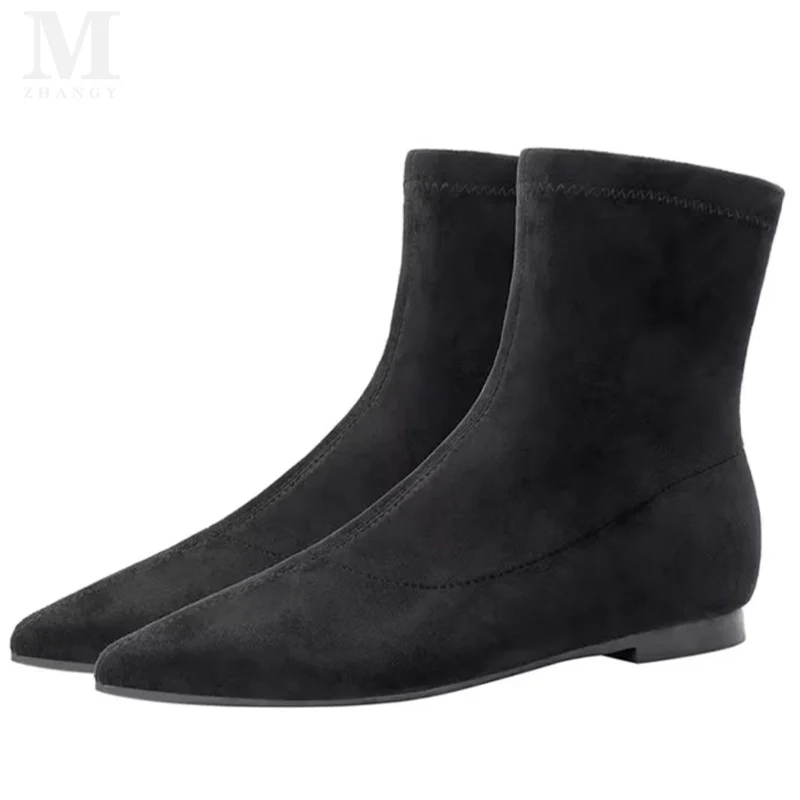 Pointed Toe Women Snow Ankle Boots Suede Flats Fashion Shoes Designer Chelsea Boots Trend New Goth Botas De Mujer