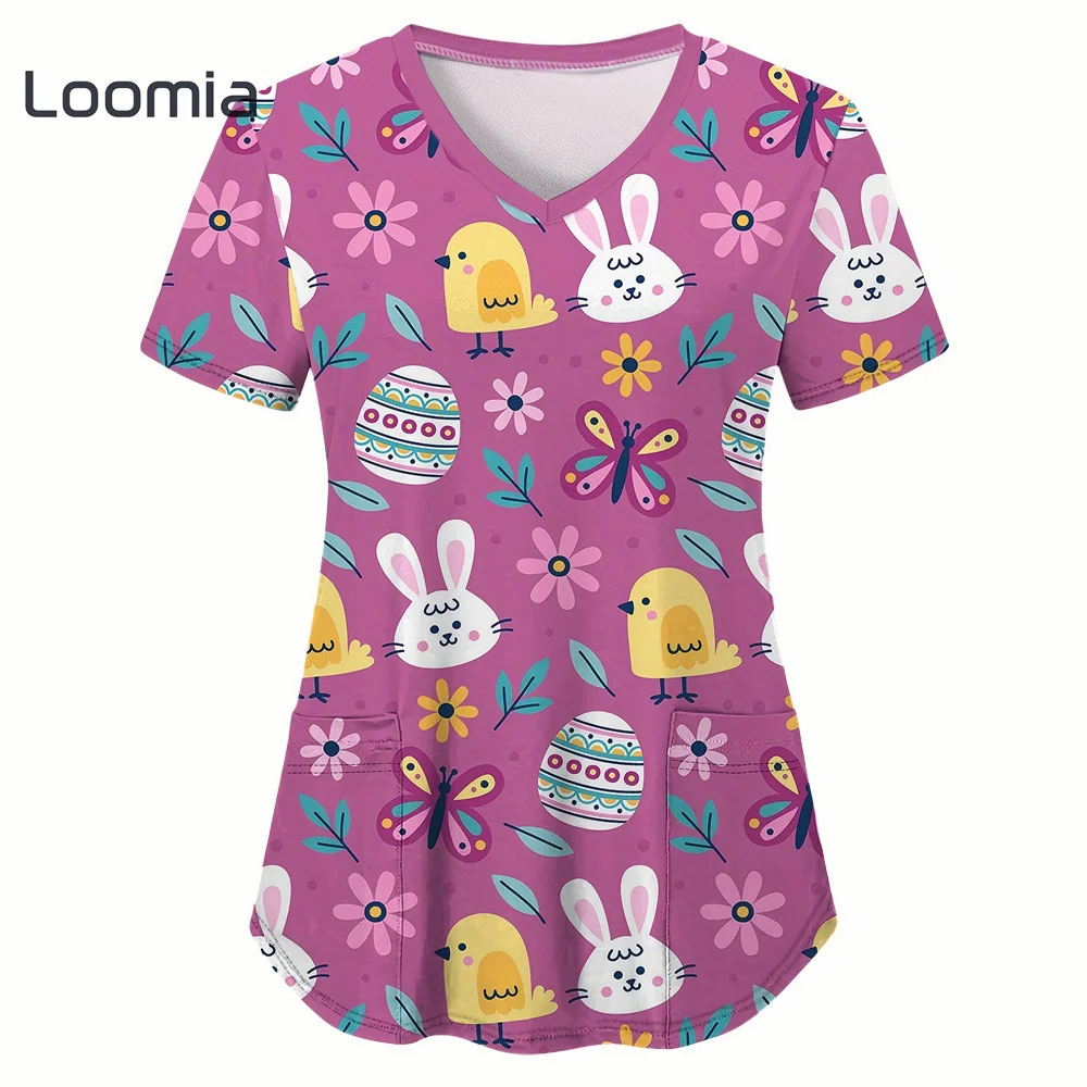 

Bunny Print Surgical Uniforms Woman V-Neck Women’s Surgical Scrubs Funny Animal Print Top Women Trendy Surgical Uniforms Woman