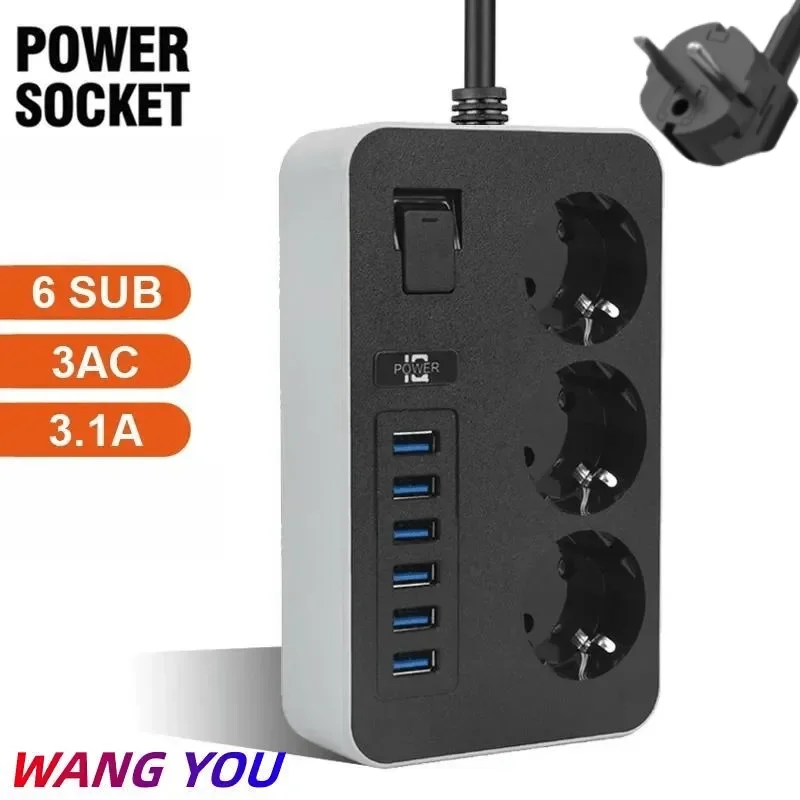 EU Plug AC Outlet Power Strip Multiprise Smart Home Extension Cord Electrical Socket 6 USB Port 3.1A Phone Charge Network Filter