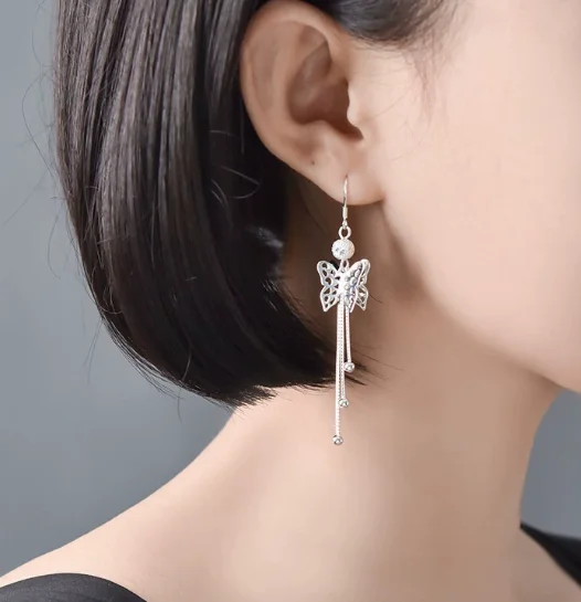 

Серьги из чистого серебра 9999, серьги-капли из настоящего серебра с бабочками, длинные серьги для женщин, серебряные серьги-кольца