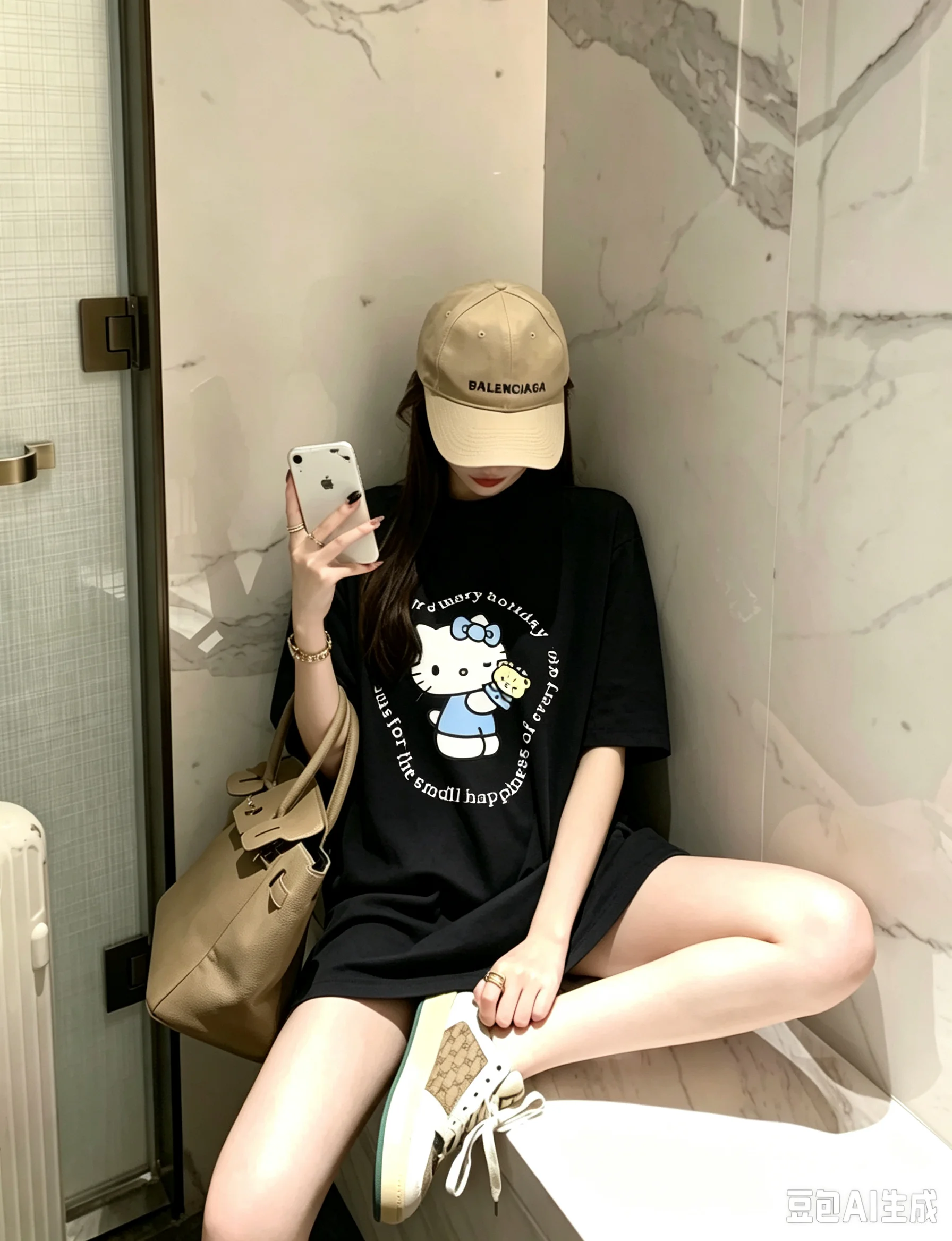 2026 Kim Ji Soo Same Style Hello Kitty Short Sleeved Medium To Long T-shirt Couple Comfortable Top Y2K