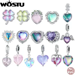 WOSTU 925 Sterling Silver Heart Gradient Beads Pink Heart Clover Pendant For Women Fit Original Bracelet Bangle Fine Jewelry