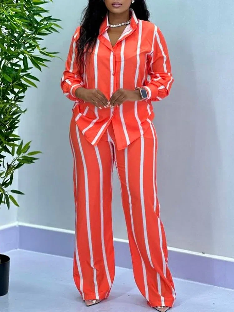 Women Two Piece Set Casual Stripes Print Long Sleeve Shirt Tops & Wide Leg Pants Set