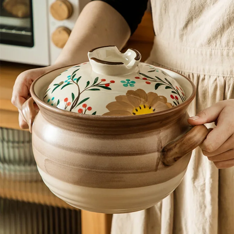 Japanese Hand-painted Saucepan Ceramic Casserole Clay Soup Pot Open Flame Gas Stove Stew Pot Kitchen Cookware Cooking Supplies