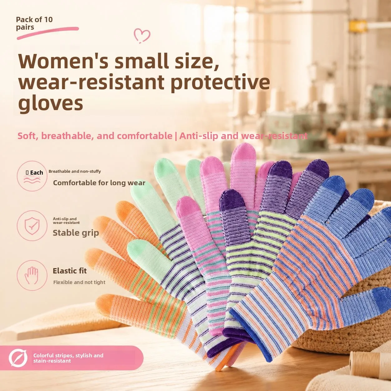 女性用小型サイズの厚手ニットガーデニンググローブ、通気性、滑り止め、耐摩耗性、保護作業用手袋