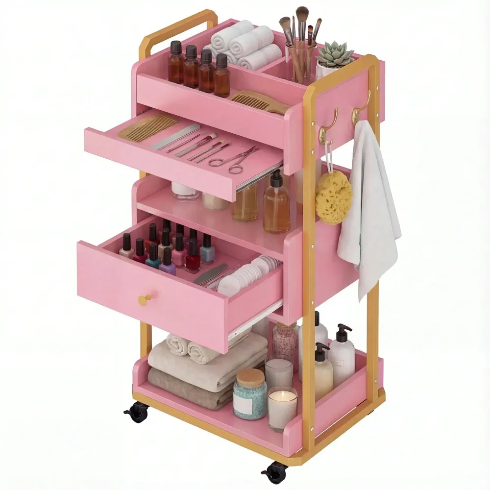 

Salon Spa Rolling Cart With SlideOut Tray, Drawer Side Hooks, 3Tier Beauty Storage Trolley, Mobile Esthetician Cart For Facial