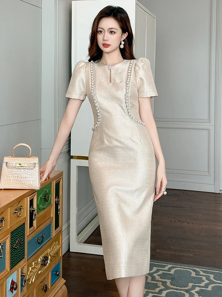 

Summer Fashion Commute Formal Occasion Evening Dress Women Clothes Elegant Lady Retro Pearl Puff Sleeve Slim Midi Pencil Vestido