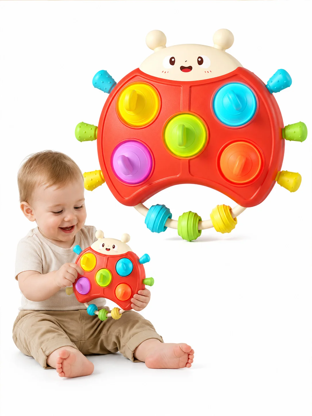 Ladybug baby glowing toy with rattle, LED lights and music, interactive educational toy for fine motor development