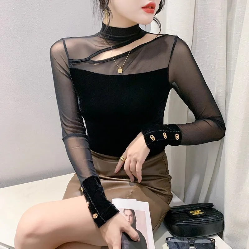 

New European Clothing Women Fashion High Neck Mesh Patchwork Tops Autumn Sexy Hollow Out Long Sleeved Bottoming T-shirt Blouse