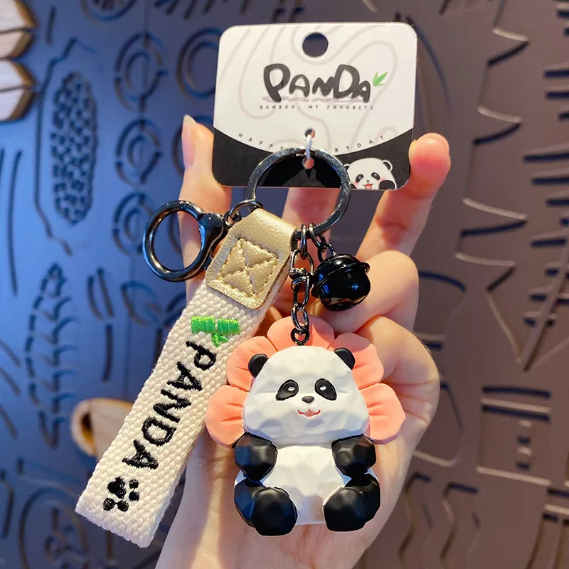 Wooden Carved Panda Keychain Cute Cartoon Animal Keychain Creative Exquisite Flower Panda Couple Keychain Bag Pendant