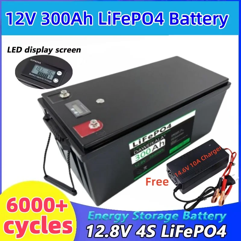 Newly upgraded 12V 300Ah LiFePO4 Battery Built-in BMS (Overcharge Protection) + Durable For Solar/RV Motor + 14.6V 10A Charger