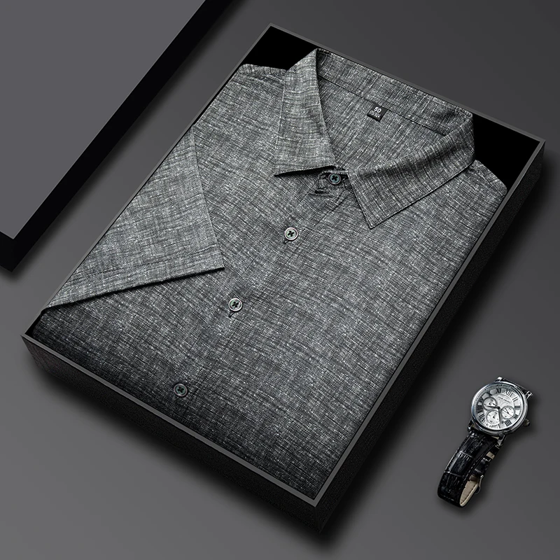Coolness Breathable Silk Blends Shirts For Men Short Sleeve Lapel Summer Quality Smooth Comfortable Casual Premium Chemise Homme