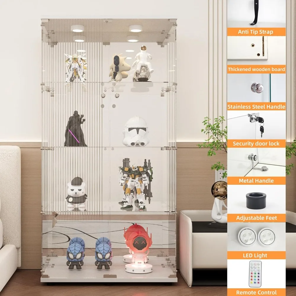 LFT HUIMEI2Y 4-Tier Glass Cabinet with Mirror & LED, White Display Case