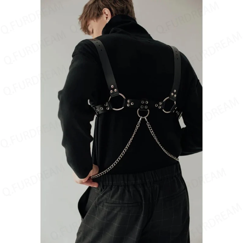 Gay Men\'s PU Leather Chest Harness with Chain Suspenders Body Harness Festival Wear Carnival Rave Outfit Black Men Accessories