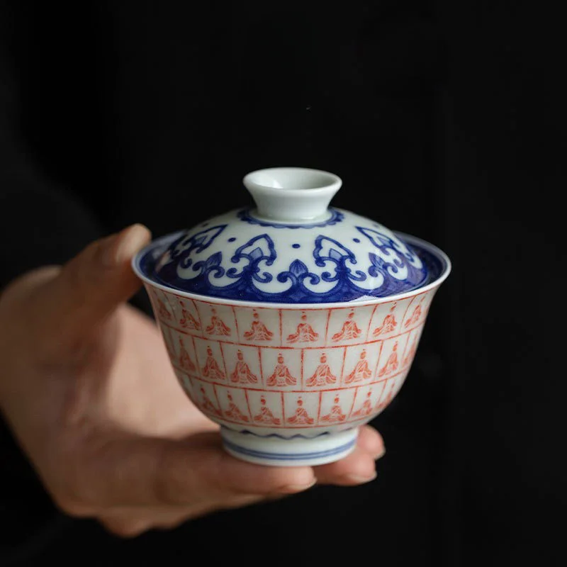 Jingdezhen Ceramic Rubbings Blue And White Porcelain Glaze Red Cover Bowl Tea Set High-end Tea Small Cover Bowl Rock Tea