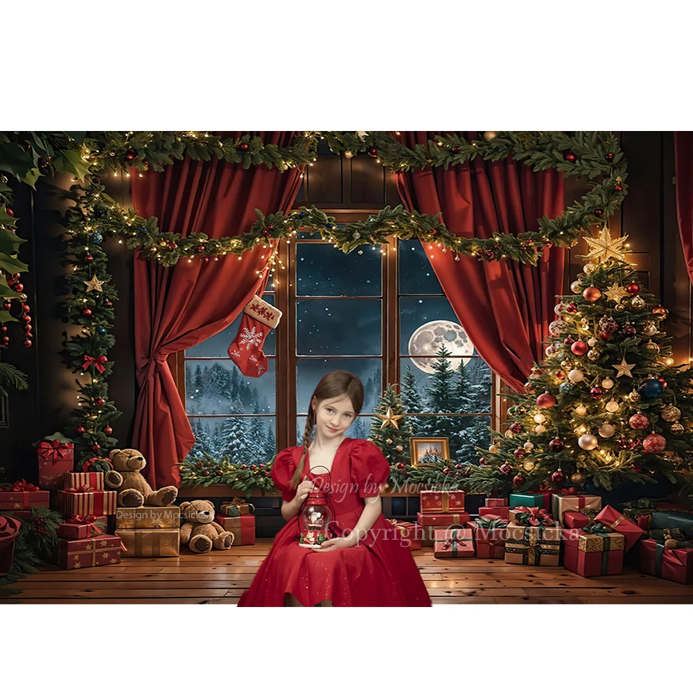 Christmas Window Background Photography New Year\'s Eve Glitter Xmas Tree Red Curtain Backdrop Gift Booth Kids Family Room Photo