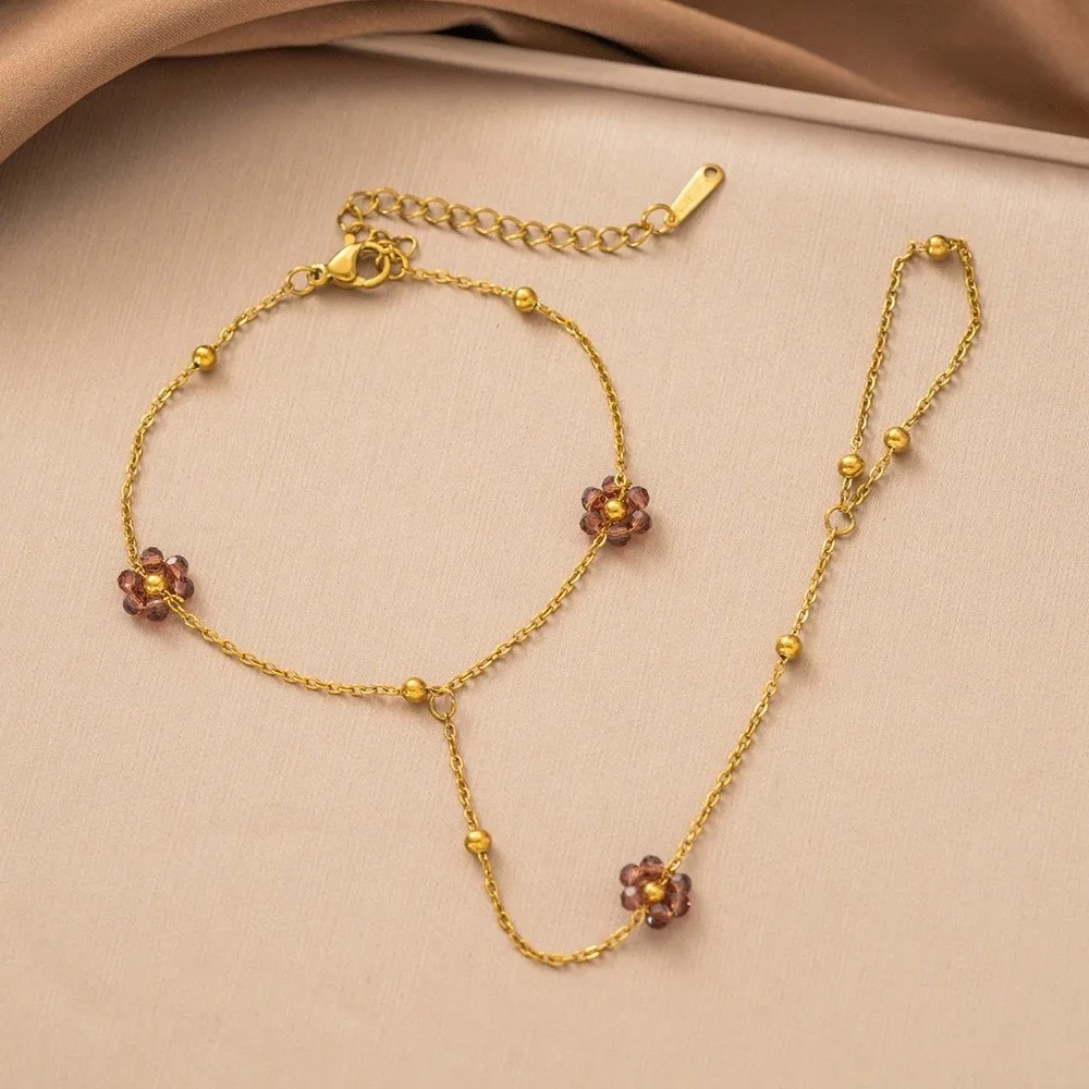 Stainless Steel Flower Bracelet Crystal Beaded Flower Design Crystal Beaded Bracelet Finger Wrist Integrated Gold Color