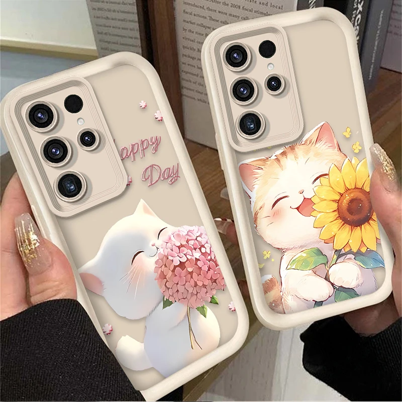 Cute Sunlight White Cat Flower Case for Samsung Galaxy S24 S23 S22 S21 Ultra Plus FE A54 A34 A14 A73 A53 A33 5G Silicone Cover