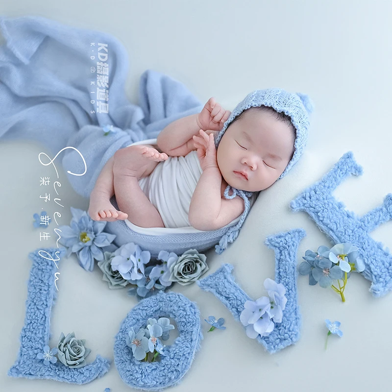 Newborn Photography Studio Shooting Props Soft Elastic Wrapped Cloth Woolen Hats Artificial Flower Set Baby Photoshoot Accessory