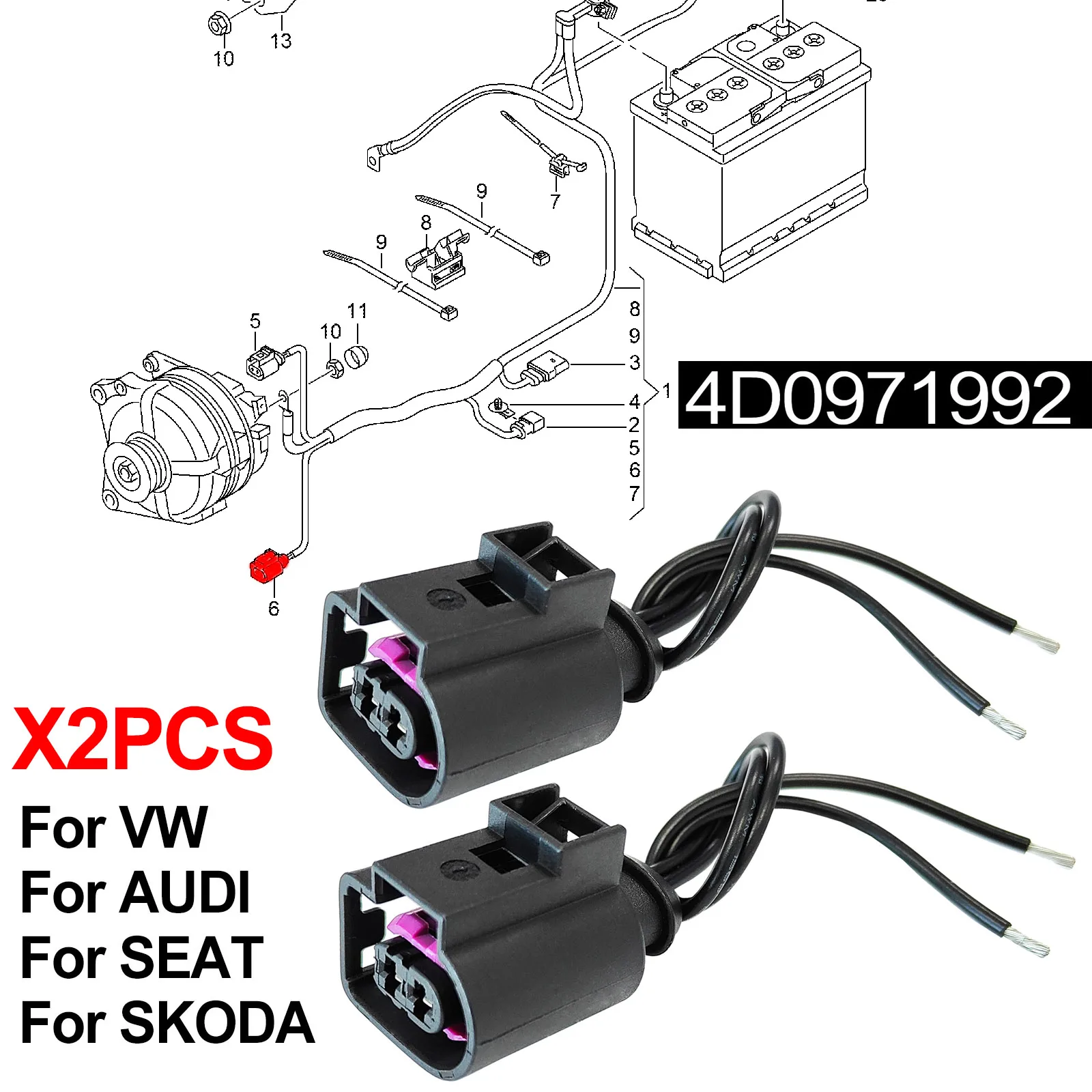 4D0971992A 2Pcs For AUDI VW SKODA SEAT 2PIN Wired Connector Alternator Fuel Injectors Female Plug Repair Kit Loom socket Wiring