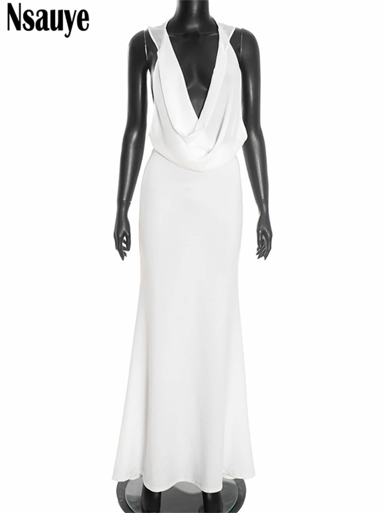 Nsauye, jersey para mujer, sudaderas con capucha, Sexy, sin espalda, elegante, a la moda, vestido largo para discoteca, vestido de fiesta de noche sin mangas, vestido envolvente 2025