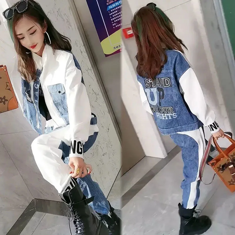 2023 Autumn Denim Splice Fashion Suit Women\'s Loose Oversized Jacket Pencil Pants Two Piece Sets S-6XL All-match Trousers Suits