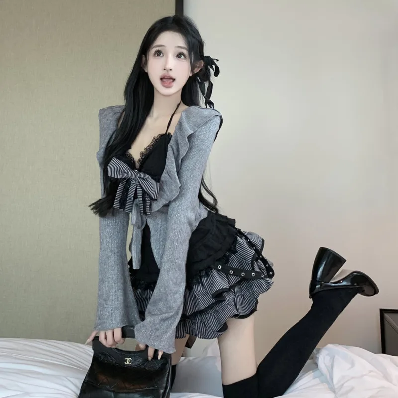 Sweet Bow Lolita 3 Pcs Set Swomen 2024 Autumn Lace Up Ruffles Cardigan Sexy Slim Strapless Vest Top High Waist Ruched Skirt Suit