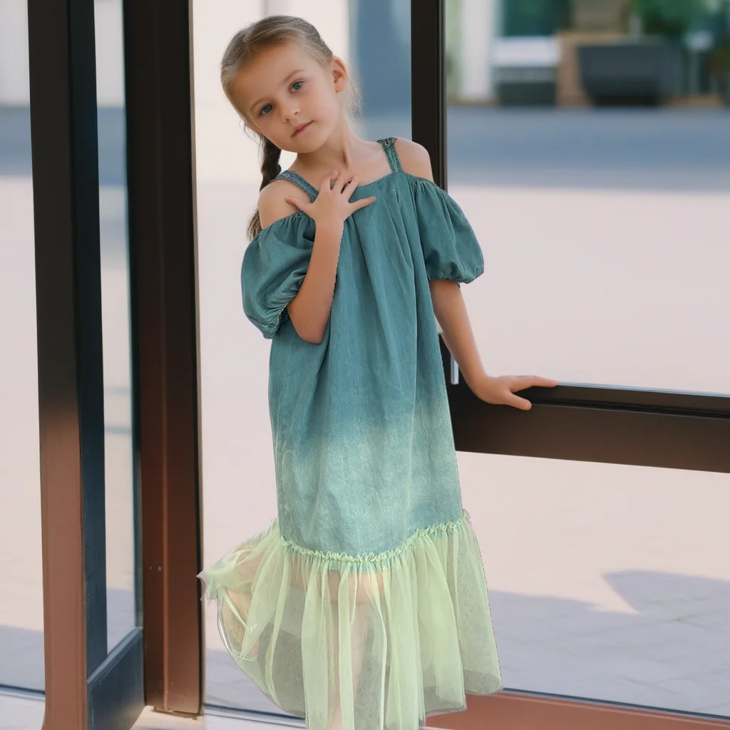Kids Dresses for Girls Summer Shoulderless Denim Princess Dress Blue Fashion Casual Mesh Patchwork Vacation Dress Teen Clothes