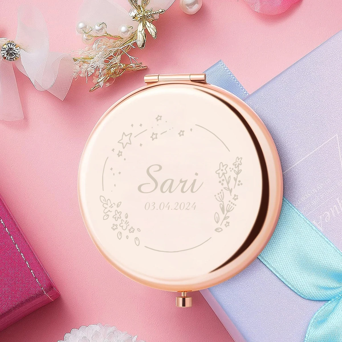 1pc Lovely stars with flower Customized Name Round Circle Mirror Folding Mirror Makeup Mirror Pocket Mirror Party Gift