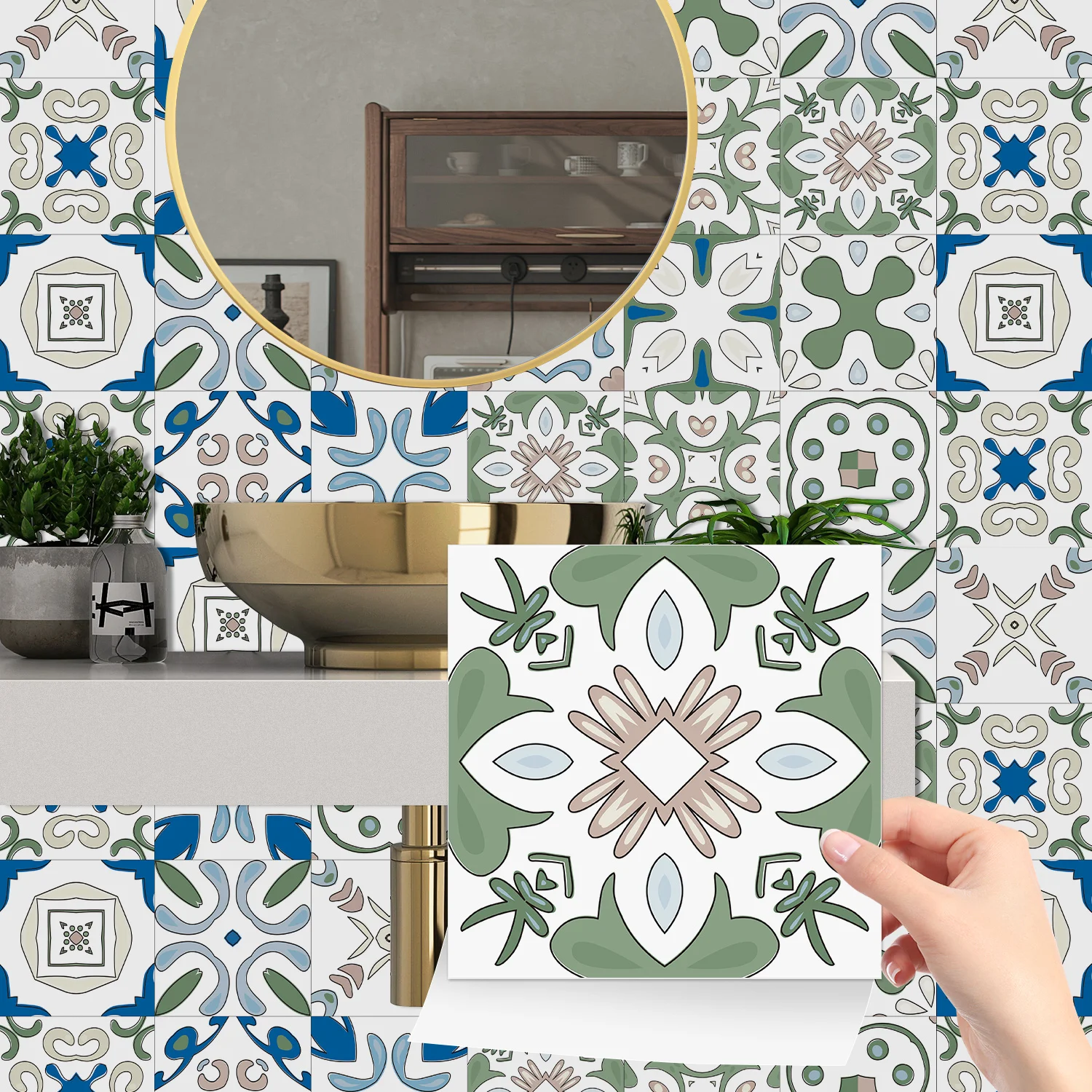 

48 pieces of retro floral tile wall stickers, multi style green blue art self-adhesive, home decoration stickers