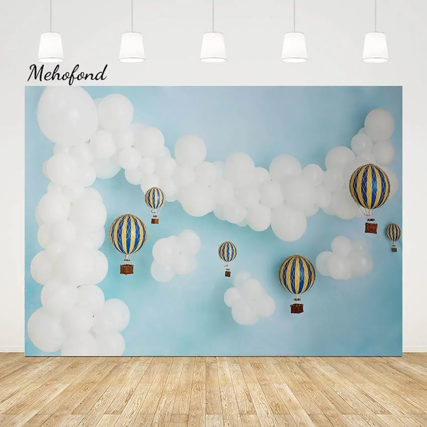 

Mehofond Newborn Baby Photo Backdrops Blue Sky White Cloud Party Decor Banner Hot Air Balloon Background Photography Studio Prop