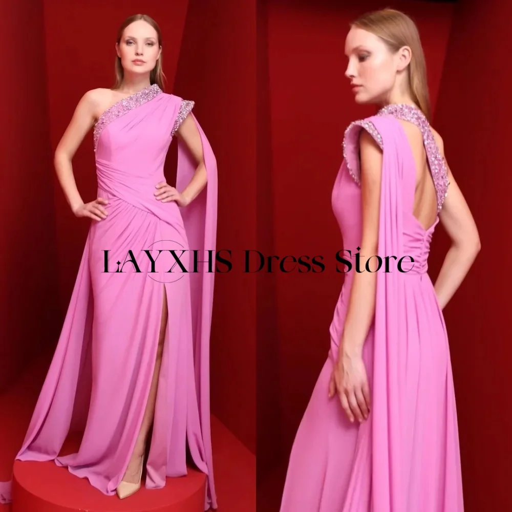 LAYXHS Moda Vestidos de Noite de Um Ombro Rosa Sereia Frisada Fenda Lateral Vestidos de Baile Personalizados فساتmavera