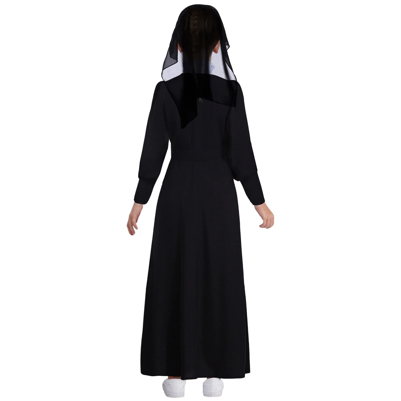 Children Girl Halloween Nun Cosplay Costume Christian Catholic Religion Missionary Priest Robe Long Sleeve Dress with Black Veil