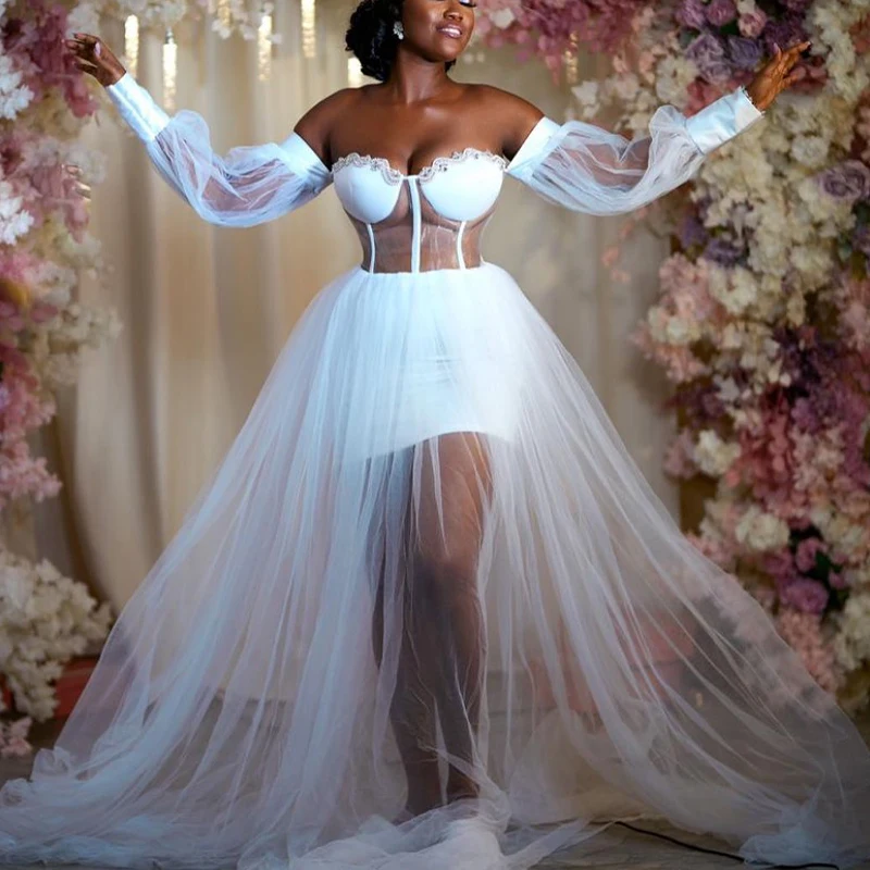 Africa White Bride Robes Wedding Gowns Off Shoulder Sweet Heart Long Sleeve Illusion Bodice Tulle Bridal Shower Dresses