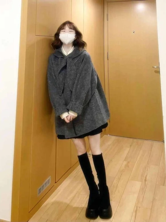 

Женское винтажное двубортное шерстяное пальто больших размеров с капюшоном, длинный рукав, весна-осень, повседневная верхняя одежда