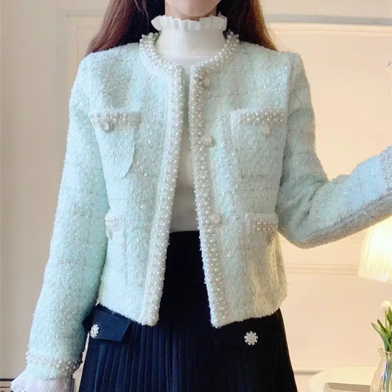 Women Coarse Tweeds Pearls Beaded Jacket Woolen Plaids Weaved Cardigan High Waist Rhinestones Beading Crystal Buttons Coat Tops