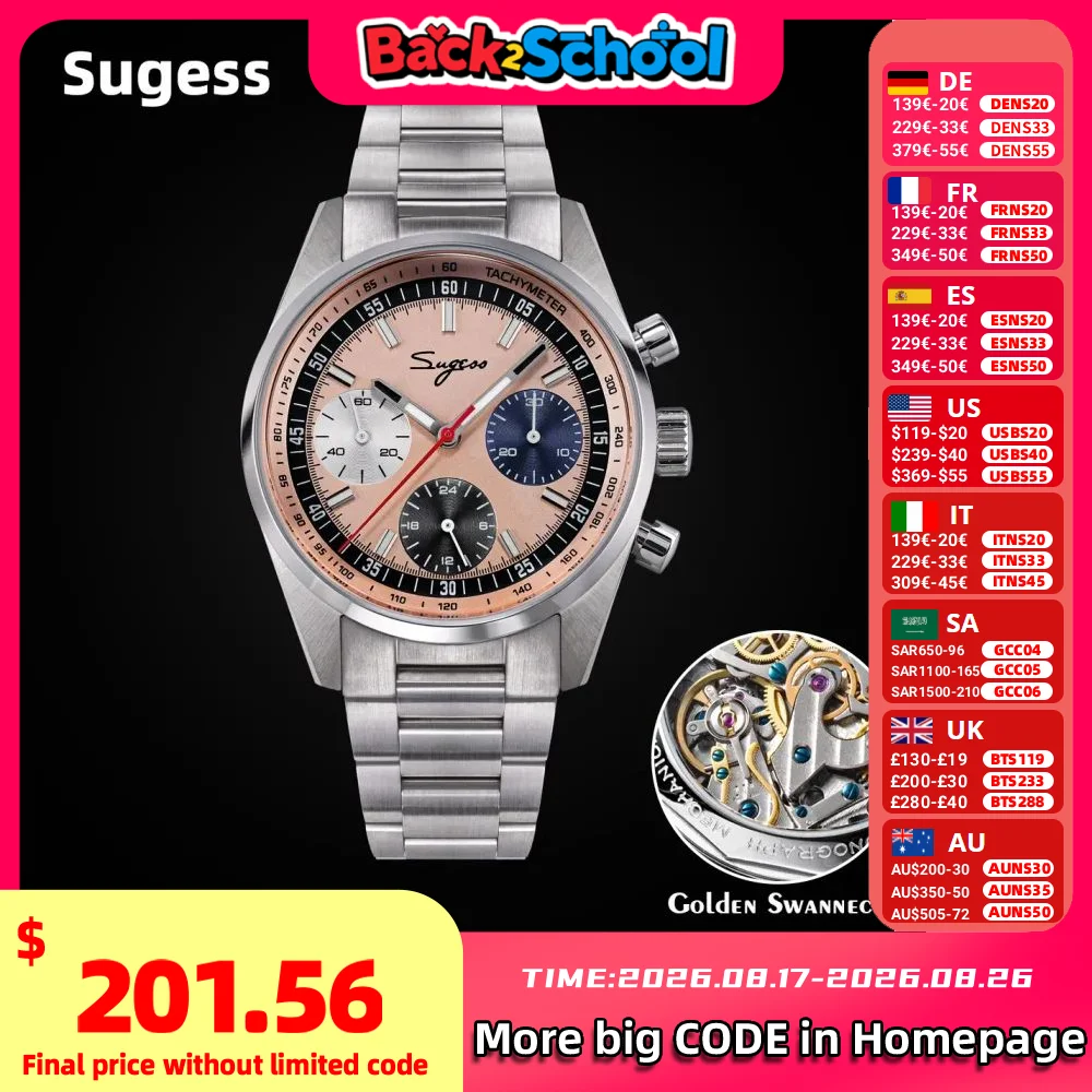 Sugess Mens Watch 38mm Chronograph Mechanical Wristwatches Tianjin Gooseneck Movement Sapphire Crystal Roulette Dial S465 new