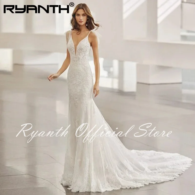 Ryanth Exquisite Wedding Dress 2024 Lace Appliques V-neck Backless Mermaid Elegant Bridal Gowns Vestidos De Novia robe de mariée