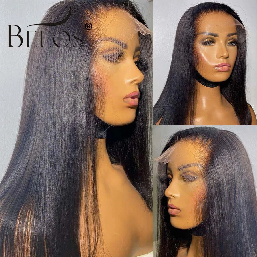 180% Yaki Straight 13*6 HD Lace Frontal Wig Pre Plucked Yaki 13*4 HD Transparent Lace Front Human Hair Wigs For Women Brazilian