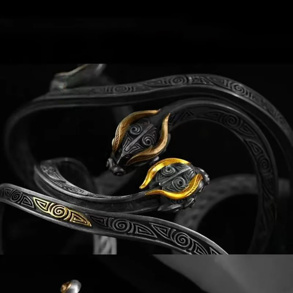 Viking Style Dragon Bracelet Retro Intricate Carving Adjustable Cuff Bangle Unique Norse Gothic Jewelry Gifts for Men Women