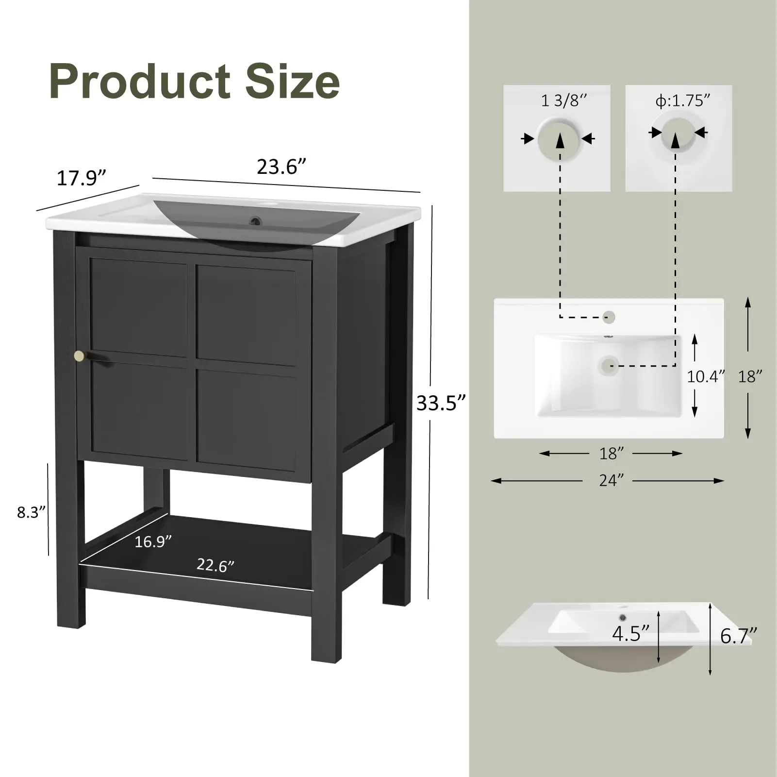 24 Inch Bathroom Vanity with Sink, Small Farmhouse Cabinet, Black