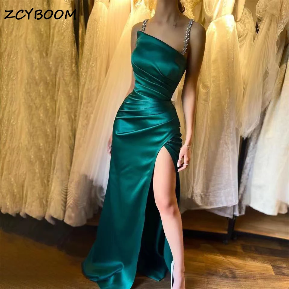 

Sparkly Crystal Beaded Green Side Slit Evening Dress 2023 Mermaid Cocktail Party Prom Gown For Graduation With Detachable Straps