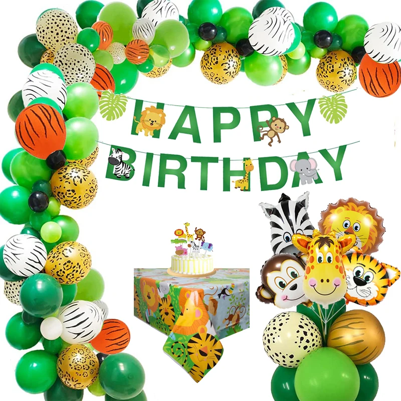 44pcs/Set Jungle Safari Party Birthday Decoration Boy Banner Tablecloth Jungle Theme Animal Birthday Balloons Garland Supplies