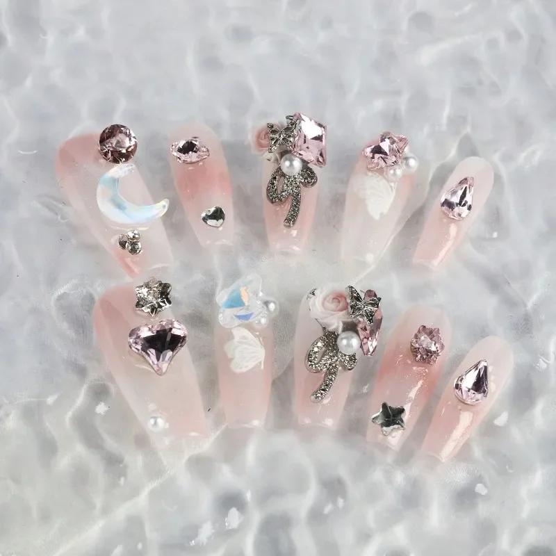 

10 Pieces Handmade press on Nails Fairy Princess Style/Light Pink Match/Sparkling Pink Diamond Three-Dimensional Pink Rose